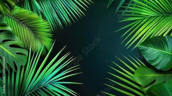 Fototapeta Greenery palms idea. Vibrant green tropical palm leaves framing a dark background, perfect for nature themes.