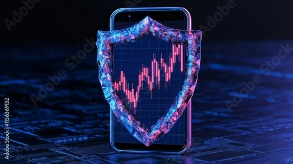 Fototapeta A smartphone displays a graph protected by a shield, symbolizing cybersecurity in financial markets.