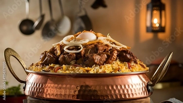 Fototapeta Rich Hyderabadi dum biryani with tender goat pieces, garnished with fried onions and boiled egg, served in traditional copper handi