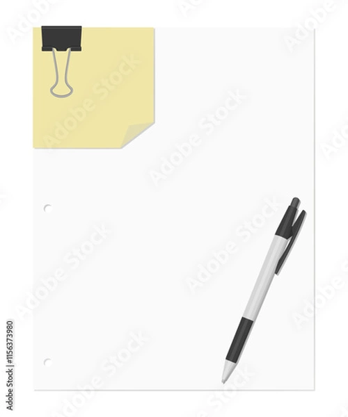 Fototapeta ダブルクリップでまとめられたメモ用紙とルーズリーフ、ボールペンのセット、無地