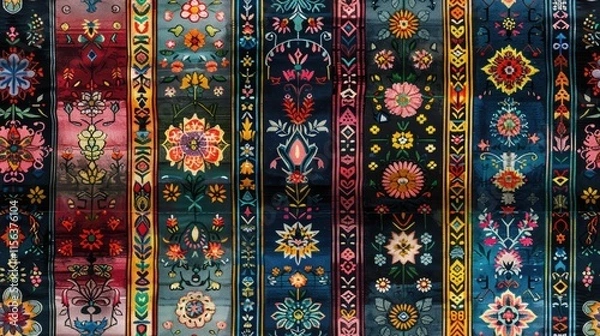 Fototapeta A vibrant textile pattern showcasing intricate floral designs in various colors.