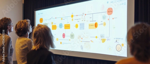 Fototapeta A visual representation of a customer journey map on a large screen during a marketing workshop, emphasizing segmentation for enhanced targeting strategies.