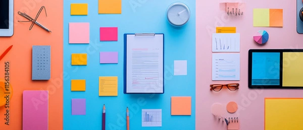 Fototapeta Flat-lay composition of marketing tools, including reports, sticky notes, and mobile devices, representing the process of analyzing and applying market segmentation.