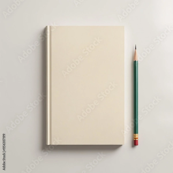 Obraz Blank hardcover notebook with a green pencil on a minimalistic background for stationery designs