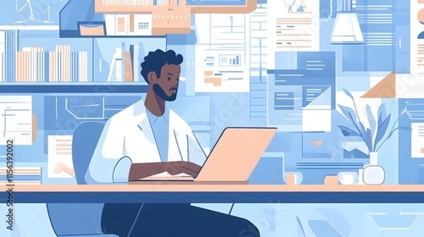 Obraz Man Working On Laptop In Busy Office Space