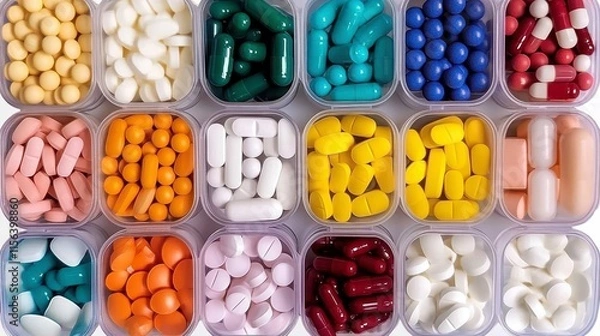 Fototapeta A colorful assortment of pills and capsules displayed in organized containers, highlighting various shapes and colors.