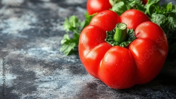 Fototapeta Close-up of two ripe red bell peppers with fresh parsley on a dark textured surface.
