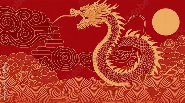 Fototapeta A vibrant red background featuring an isolated dragon breathing fire, surrounded by glowing sparks