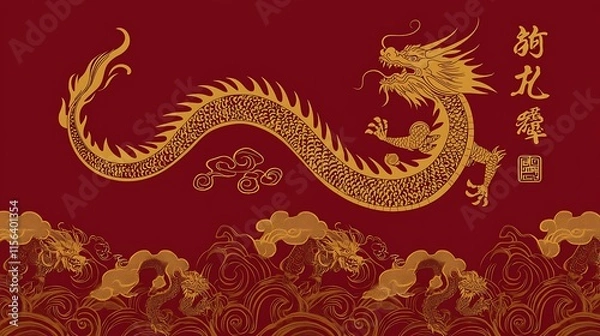 Fototapeta A dramatic red background with an isolated dragon in a dynamic pose framing the year 2025