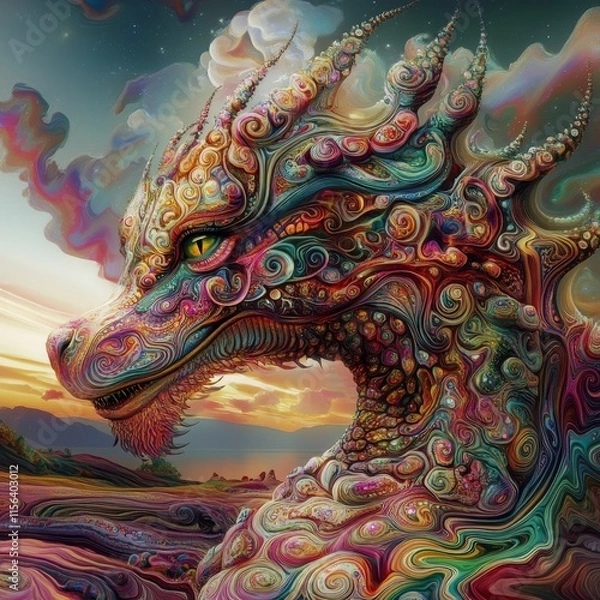 Fototapeta A stunning abstract dragon with swirling patterns and vivid colors, set against a fantasy landscape. Perfect for creative and imaginative projects.