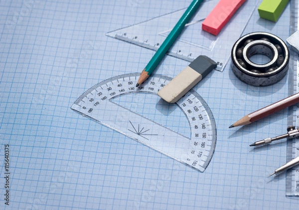 Obraz blue graph paper with drawing tools