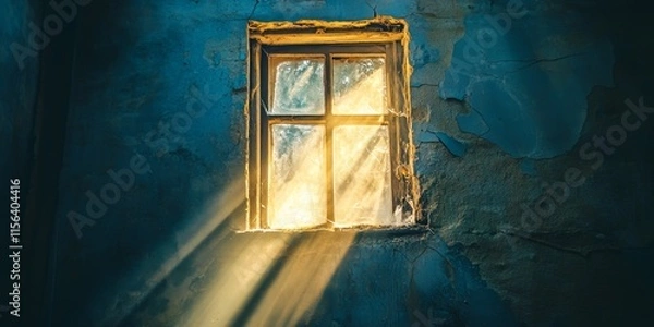 Fototapeta A window is lit up by the sun. The window is in a building with a blue wall