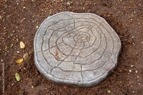 Fototapeta A cement art stepping stone isolated on a patch of wet soil in a garden