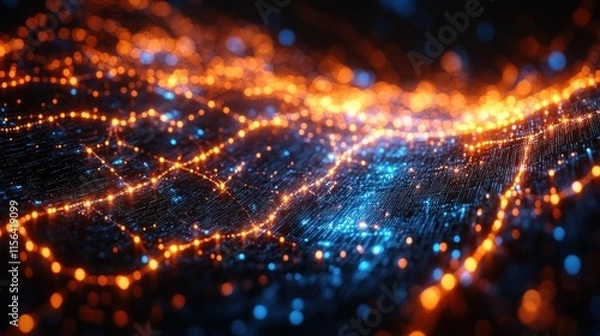 Fototapeta A vibrant digital landscape with glowing blue and orange connections resembling a network.