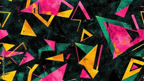 Obraz Abstract geometric pattern with pink, yellow, and green triangles on a black background