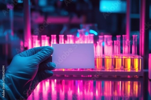 Fototapeta Gloved hand holds blank card in vibrant lab. Ideal for science, research, or medical concepts; easily add your text.