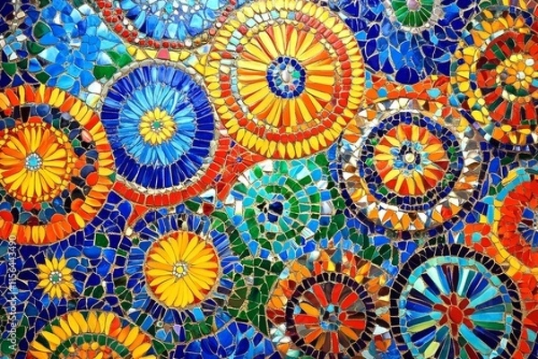 Fototapeta A colorful mosaic of circles and squares. The circles are blue, yellow, and green