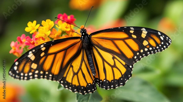 Fototapeta Vibrant Monarch Butterfly Resting on Colorful Flowers in a Lush Garden Environment, Showcasing Nature's Beauty and Intricate Details of Wings