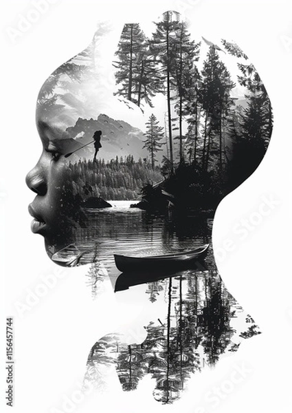 Fototapeta Double Exposure Vector of Bald Black Woman with Nature Elements