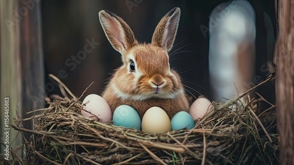Fototapeta Easter Bunny in Nest with Eggs