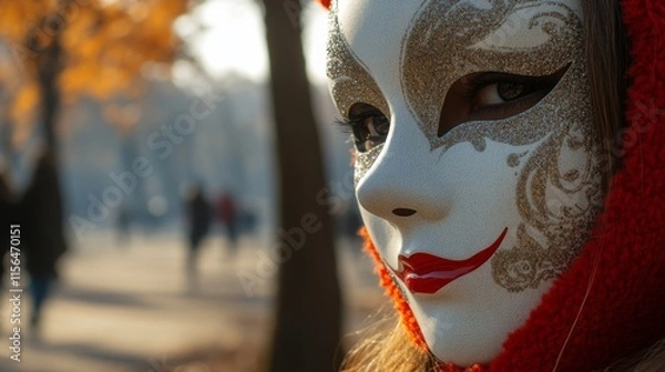 Fototapeta Mysterious Figure in Outdoor Setting with Mask