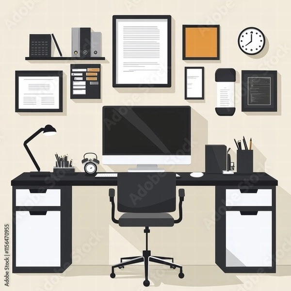 Obraz Sleek Home Workspace Illustration with Modern Desk and Organized Wall Decor