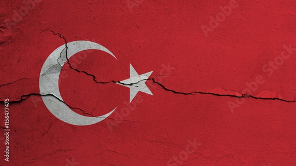 Fototapeta Turkey flag on cracked wall background, flag with crack line