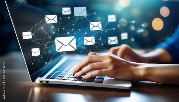 Obraz hand types on a laptop with email icons floating around.