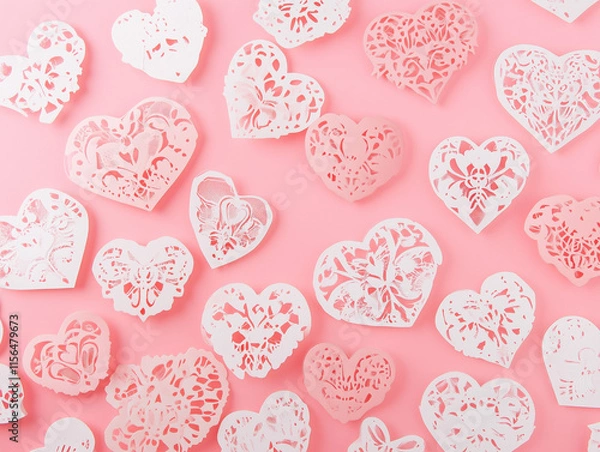 Fototapeta Romantic Red Hearts Background on Pastel Pink Table Flat Lay for Valentines Day and Anniversary Design