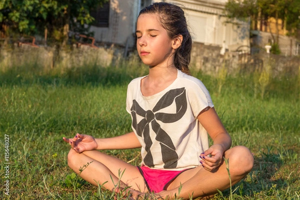 Obraz Юная девочка занимается гимнастикой, йогой на траве. Здоровый образ жизни.