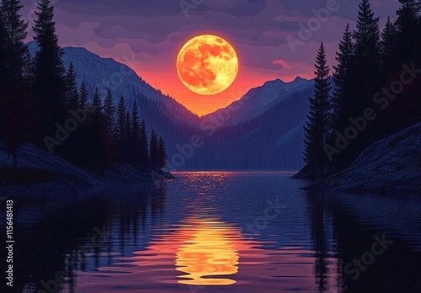 Obraz Full moon over a lake, with a forest and mountains in the background,an illustration painting, with red sunlight and a purple sky.