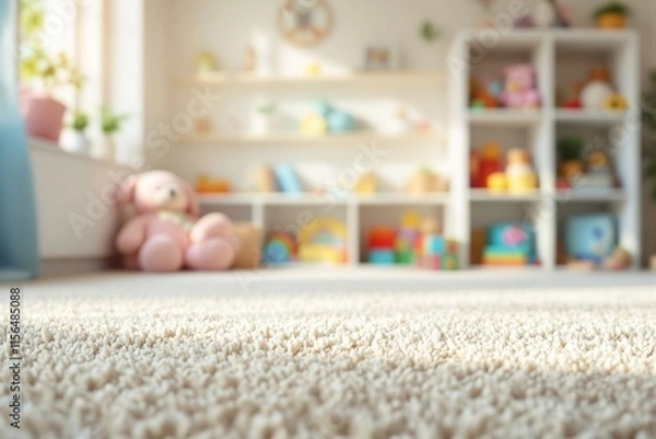 Fototapeta Close-up of soft beige carpet in a cozy nursery room, blurred background showing toys and shelves in bright sunlight, concept of comfort. Ai generative