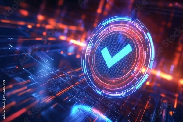 Fototapeta representing a hologram concept, Digital technology background with a blue checkmark icon in a circle