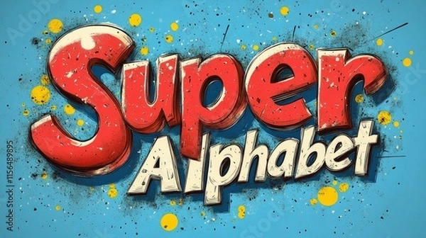Fototapeta 3D cartoon style "Super Alphabet" text design with grunge texture and paint splatters on blue background.