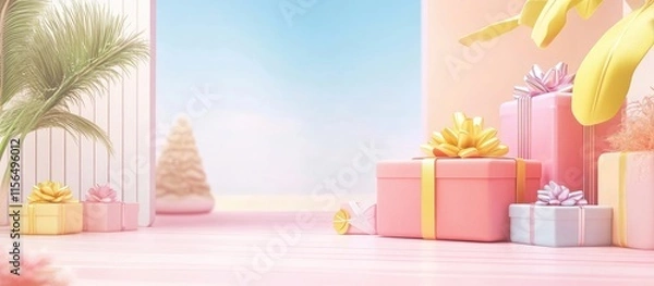 Fototapeta Festive scene featuring large gift boxes and colorful decor ideal for seasonal design presentations and invitations with ample empty space for text