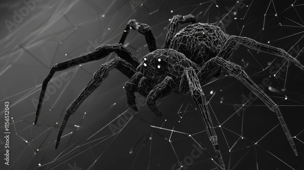 Fototapeta Spider hologram. Black widow of polygons, triangles of points and lines. Black widow low-poly compound structure. The technology concept.