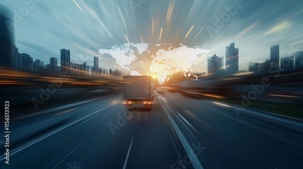 Fototapeta Dynamic Motion of Freight Truck Driving on Urban Road with Abstract World Map and Sunset Background Illustrating Global Trade and Transport Logistics