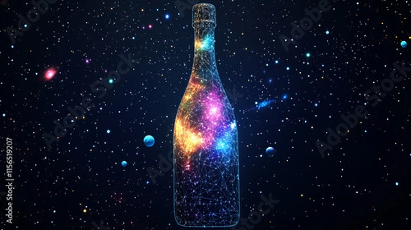 Fototapeta Abstract image of a bottle of champagne low poly in the form of a starry sky or space, consisting of points, lines, and shapes in the form of planets, stars and the universe. Vector wireframe concept.