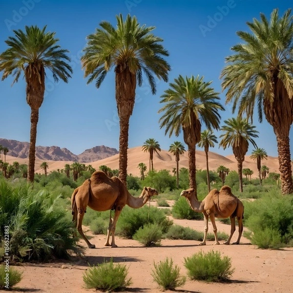 Fototapeta Desert Retreat: Date Palms and Camels Beside a Refreshing Spring