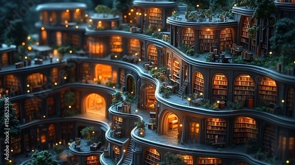 Obraz A Spiraling Library Building Illuminated At Night