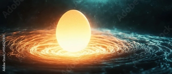 Fototapeta Golden Nest Reserve Concept. A glowing, golden egg sits at the center of swirling cosmic energy, creating a striking visual against a dark background.