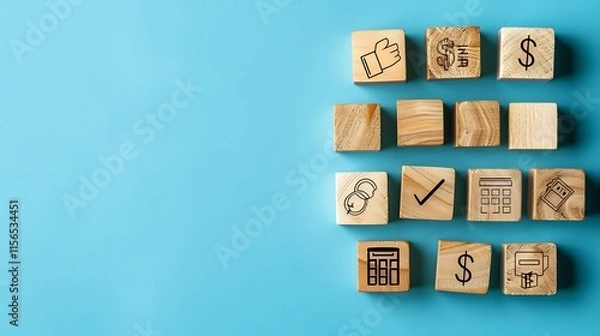 Fototapeta Financial Planning and Business Strategy: Wooden Blocks with Icons Representing Key Concepts