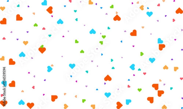 Fototapeta Heart Symbol on white background with spread confetti styel, Random colored heart shaped Spread confetti design. celebration template.