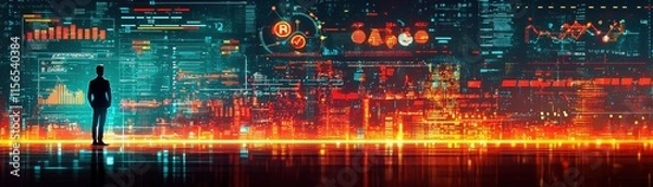 Fototapeta Silhouette of Business Person Against Digital Data Visualization Background