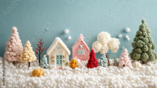 Fototapeta A colorful scene of a small town with houses and trees made of yarn