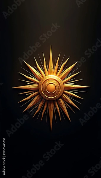 Fototapeta A phone HD wallpaper of the Roman god Apollo in minimalistic style, represented by a golden sun disk icon with radiating lines, set on a muted black background.

