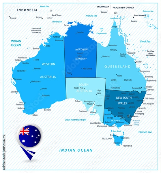 Fototapeta Australia detailed map in colors of blue