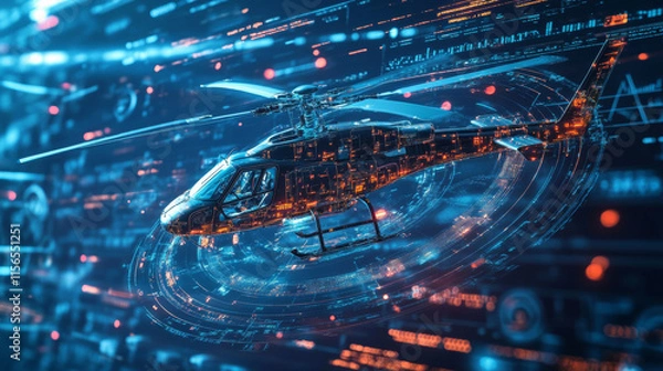 Fototapeta Helicopter hologram. Digital and technological helicopter background. The futuristic design of the helicopter