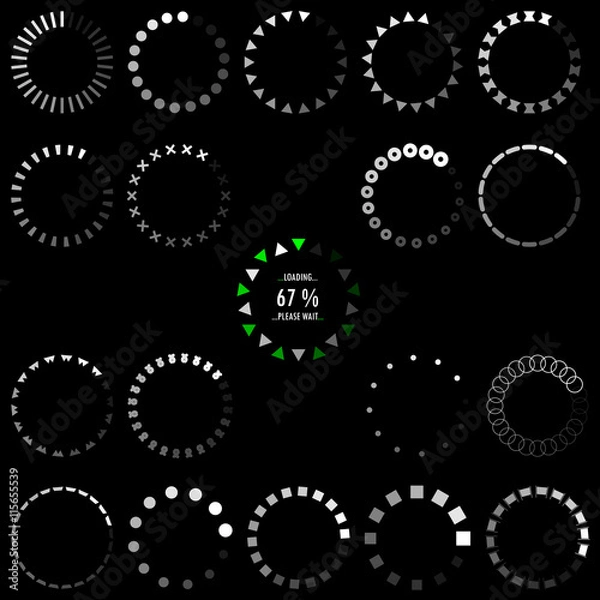 Fototapeta Loading, progress or buffering spinning icons on dark background