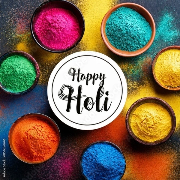 Fototapeta Festival of colors, indian popular festival happy holi with banner style and holi colors in group of bowls